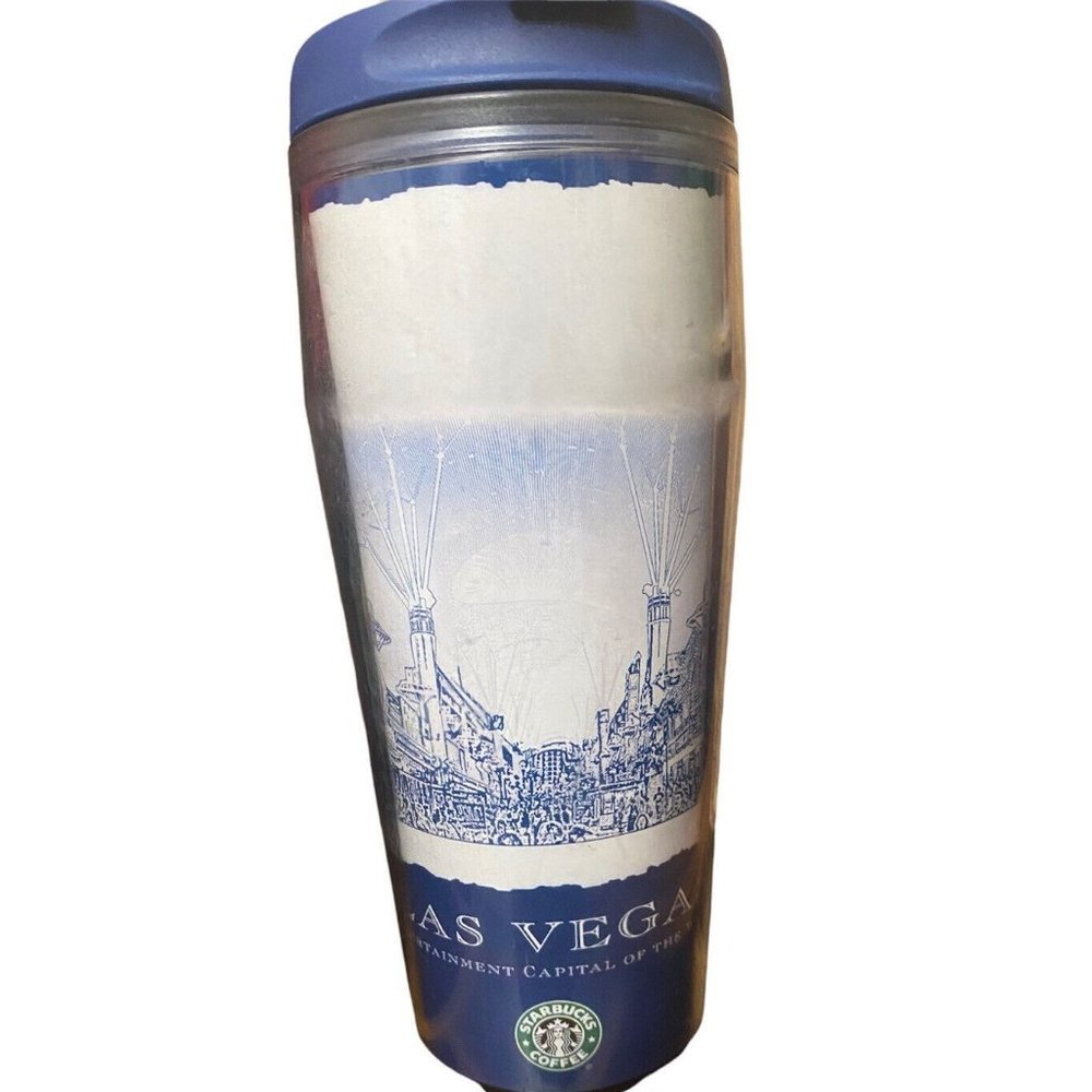 Starbucks 2006 Las Vegas Fremont Street Travel Tumbler 16oz Blue White 4 Queens